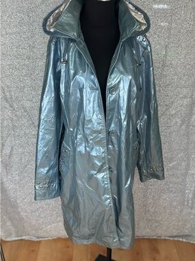 Vintage dennis basso Metallic Teal Hooded Trench Coat